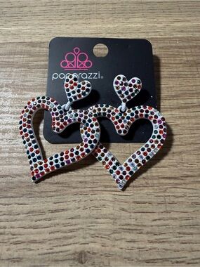 Paparazzi White Heart Earrings with Multicolor Rhinestones